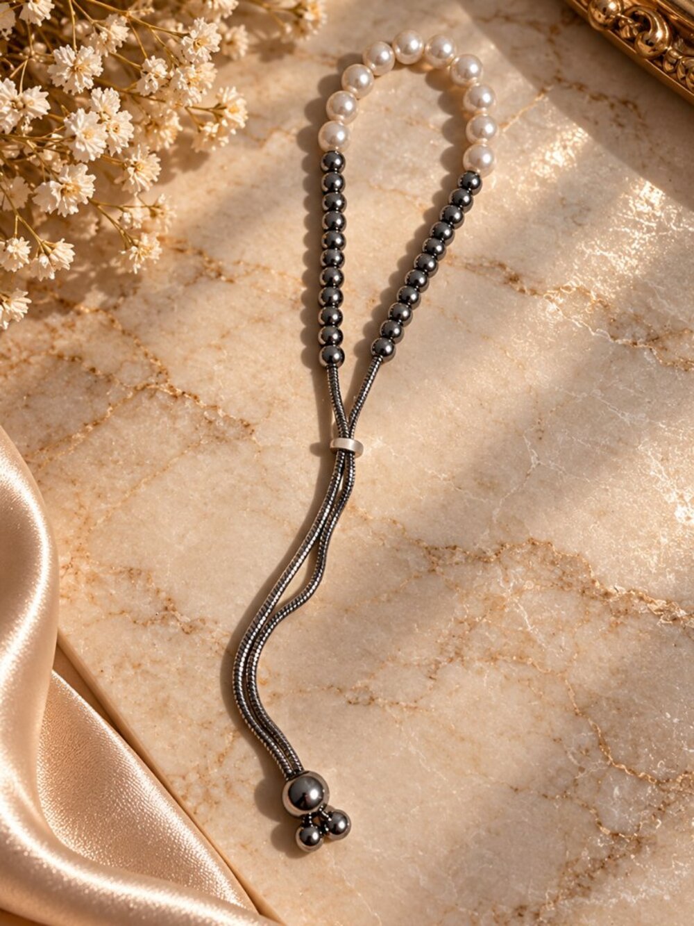 Faux Pearl & Silver Bead Bolo Bracelet | Adjustable Drawstring